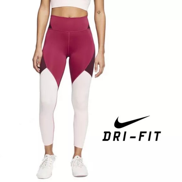 Nike One Dri-FIT Women's Mid-Rise Leggings - Pink Suede Maroon - Picture 1 of 5